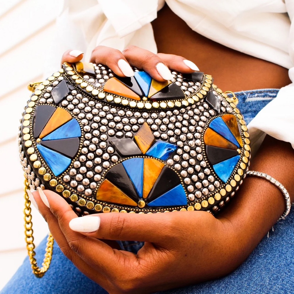 RAMLA • MULTI COLORED STONE WITH SILVER, CLUTCH